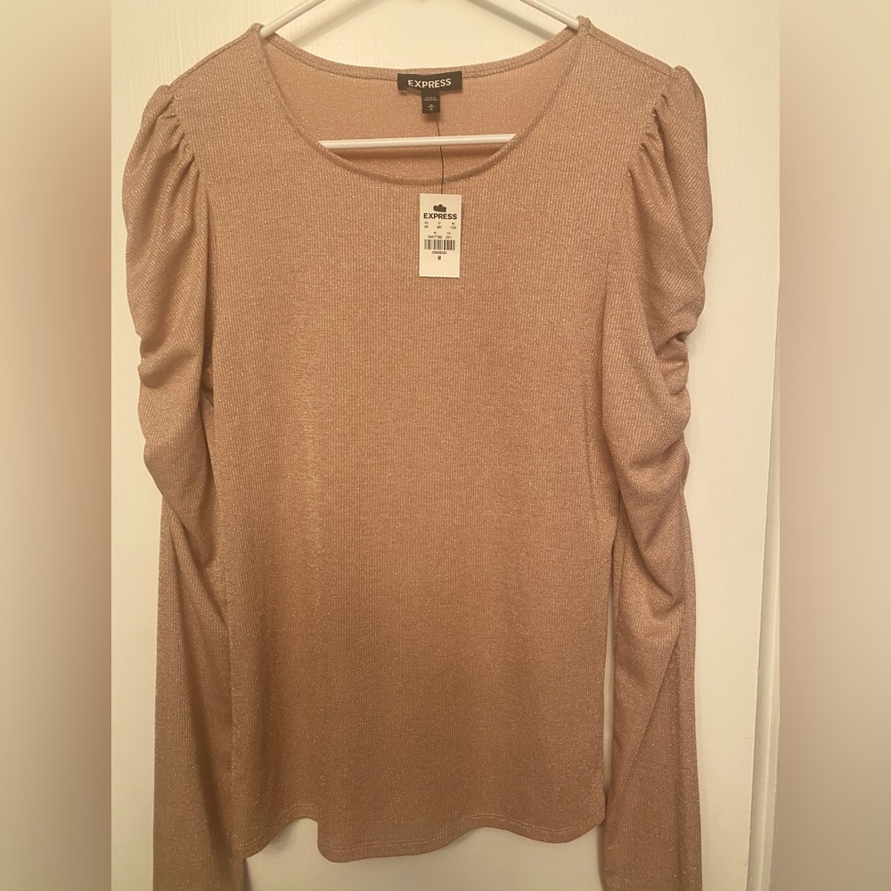 Express pink/gold shimmer ruched sleeve sweater